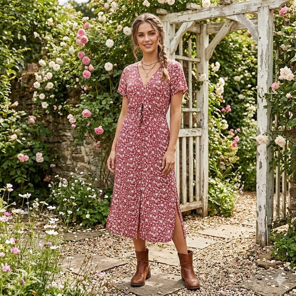 A&F Vintage 90s Cottagecore Rust Ditsy tie front Midi Dress Side‎ Slits Grunge S